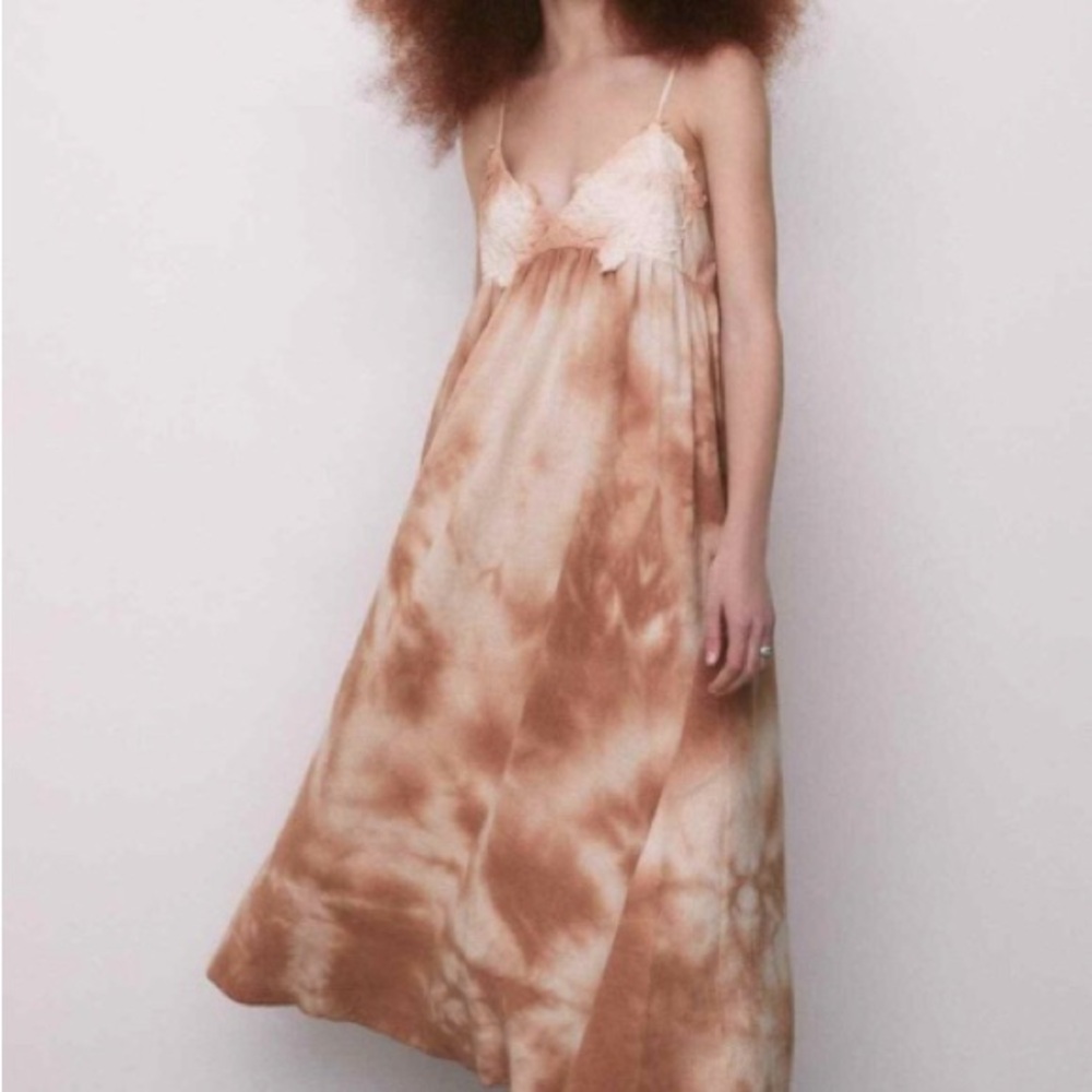 Zara lace embroidered top cinnamon brown to Cream hand dyed Slip maxi Dress 6